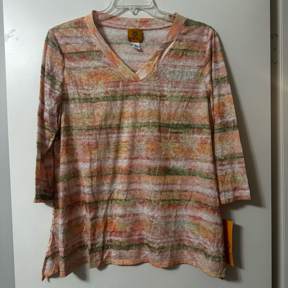 Ruby Rd. Orange and Green Printed Lightweight Blouse XL